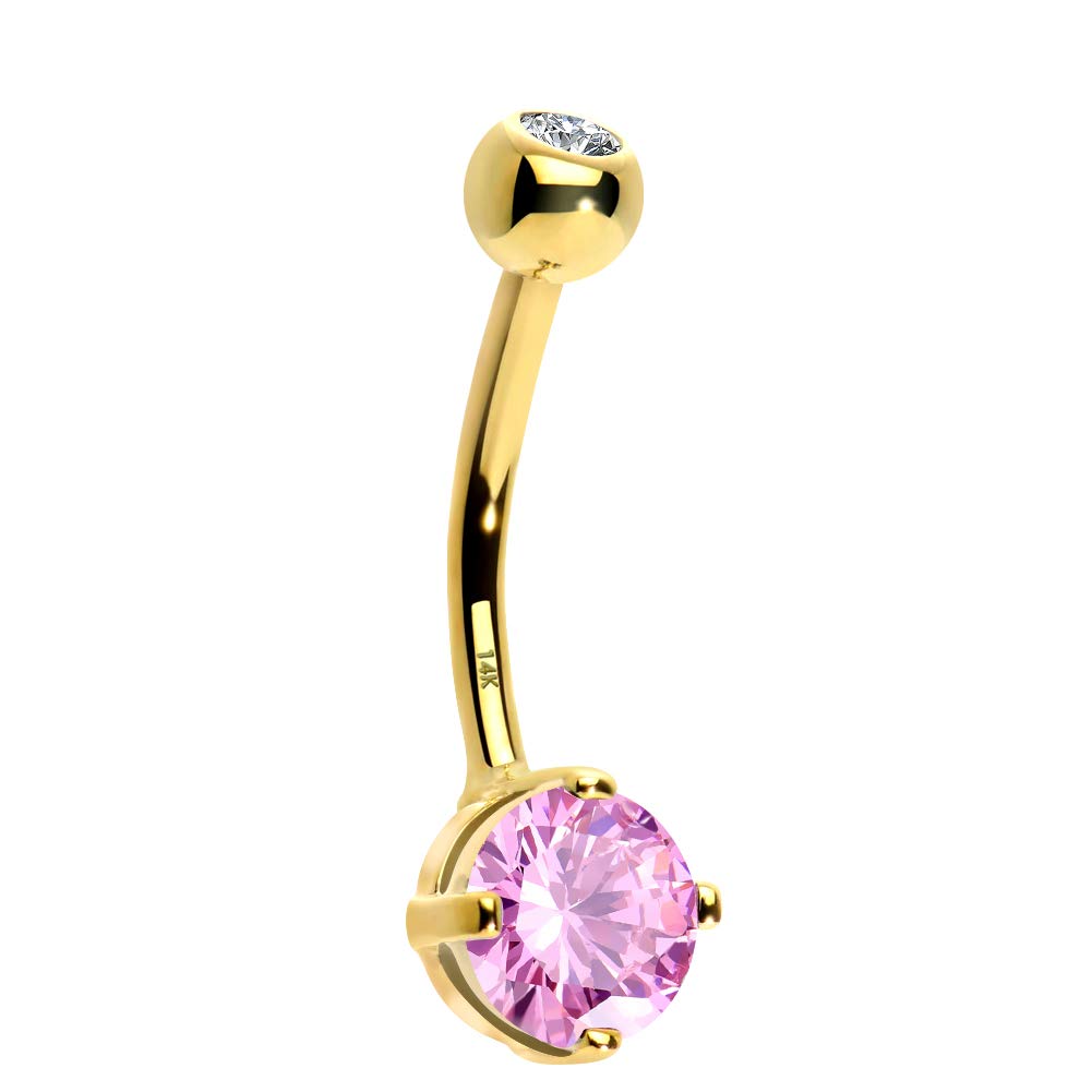 OUFER Belly Bar 14G 14K Solid Gold Belly Button Piercing Clear Round CZ Belly Piercing Navel Jewellery Navel Piercing Navel Bar Rose Gold