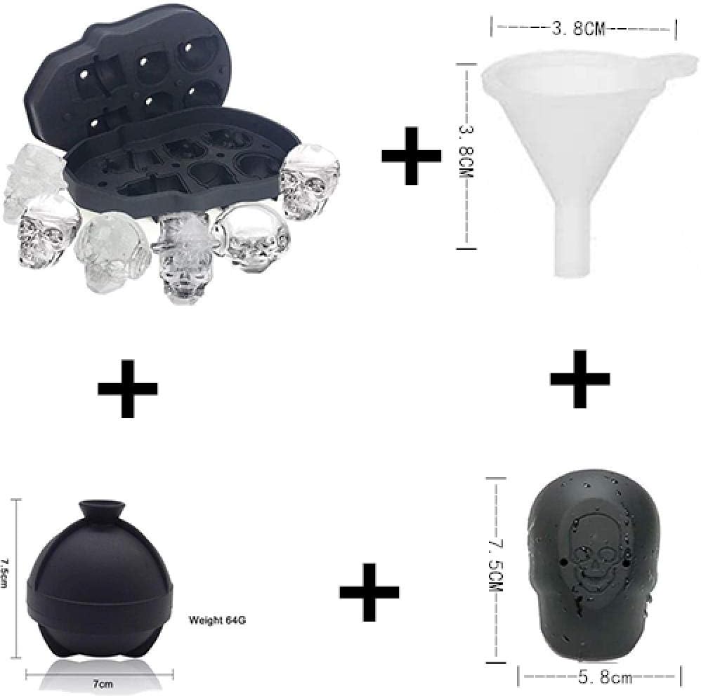 CCDSR-3D Skull Flexible Silicone Ice Cube Mold Tray+BPA Free Reusable Ice Ball Mold+ BPA Free - 6 Skull Black+Funnel
