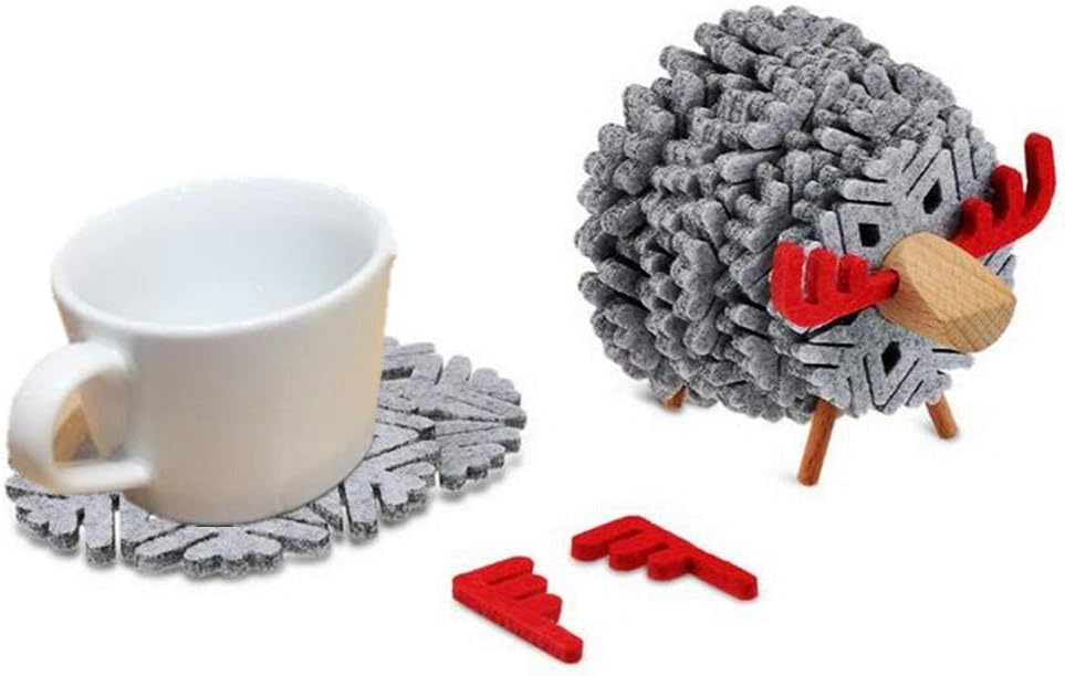 MonLiya Set of 13 Sheep Coasters for Drinks Cup Mats DIY Insulated Felt Cup Pads Nordic Home Decoration Snowflake Place Mat Coffee Mug Coaster Mini Table Doily Gift for Women with Wood Holder