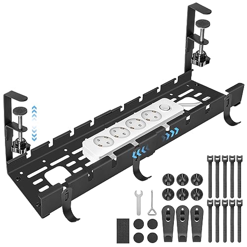 GUOOUG Cable Duct Desk, Black, No Drilling, Retractable 28.5-55 cm, Cable Management Desk, Adjustable Metal Cable Holder, Cable Tray, Cable Organiser, Table, Cable Basket, Clampable for Office