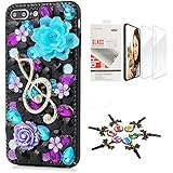 STENES Bling Case Compatible with iPhone 7 Plus/iPhone 8 Plus - Stylish - 3D Handmade [Sparkle Series] Rose Flower Music Blossom Design Cover with Screen Protector [2 Pack] - Black