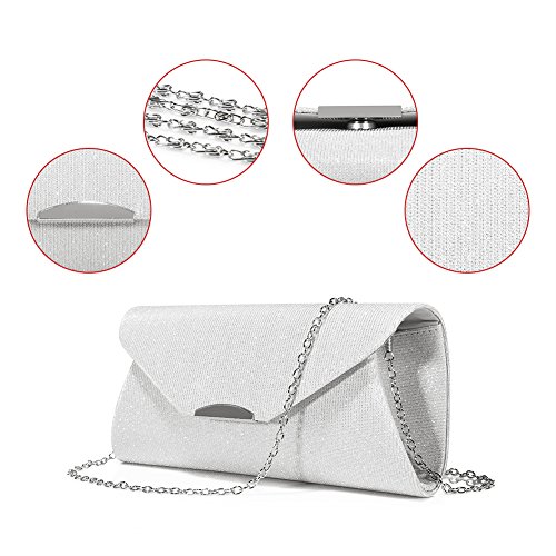 Evening Bag Clutch Handbags Envelope Purse for Women Flap Glitter with Chain Strap for Wedding Party Silver
