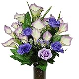 Sympathy Silks Artificial Cemetery Flowers - Realistic - Outdoor Grave Decorations - Non-Bleed Colors, and Easy Fit - Purple Rose and Calla Lily - with Flower Holder