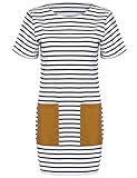 ROMWE Women's Striped Leather Pocket Short Sleeve Shift Dress