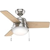 Hunter 36 inch Small Indoor Ceiling Fan with LED Light and Pull Chain - Modern Ceiling Fan, Standard Mount, 3 Blades, For Bed