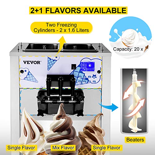 VEVOR Commercial Ice Cream Machine with Two 12L Hoppers Soft Serve Machine with 3 Flavors