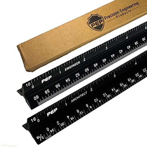 Precision Engineering Products – 12” Aluminum Architect Scale Ruler and Engineer Scale Ruler Set – Black Triangular Drafting Straight Edge – Imperial Triangle Scale with Laser Etched Markings