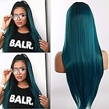 Synthetic Lace Front Wigs for Women Straight Ombre Blue with Dark Roots Heat Resistant Fiber with Natural Hairline 24 inch Lace Wigs
