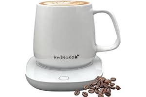 RedRoko Self Heating Mug with Lid - Smart Electric Office Desk Accessories, Temperature Controlled Warmer for Tea, Milk, Hot Chocolate, Travel-Friendly Coffee Cup for Women and Men - 13oz