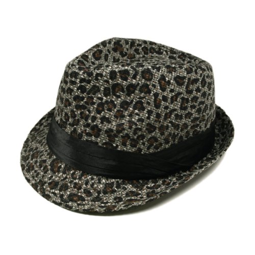 Gray & Black Leopard Cheetah Print Black Band Fedora Straw Hat