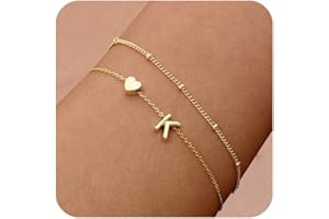 DEARMAY Dainty Initial Heart 14K Gold Plated Bracelets for Women Trendy, Letter Charm Bracelet Jewelry Cute Simple Fashion Chain Gift