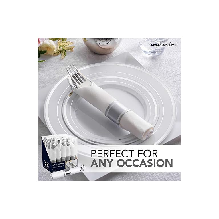 Pre Rolled Plastic Silverware Sets for Parties (25 Pack) Silver Cutlery