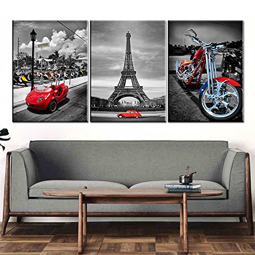 YPY Eiffel Tower Wall Art Red Car Motorcycle Picture Prints On Canvas for Home Bedroom Decoration 3 Panels