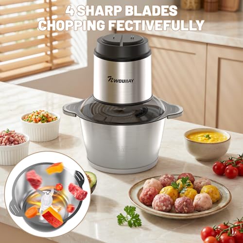 NWOUIIAY Electric Kitchen Chopper 2L 300W, 2 Speed Food Processor with 4 Blades, Multifunction Stainless Steel Bowl Chopper, Electric Chopper for Meat, Vegetables and Fruits