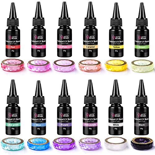 LET'S RESIN UV-Harz, 12 Farben, UV-Epoxidharz, klar, geruchlos und schrumpfarm, UV-Harz-Set zum Basteln, Schmuckherstellung, Dekoration (je 20 g)