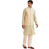 Sojanya (Since 1958 Men'S Silk Blend Self Design Pista Green Kurta With Pyjama & Cream Nehru Jacket