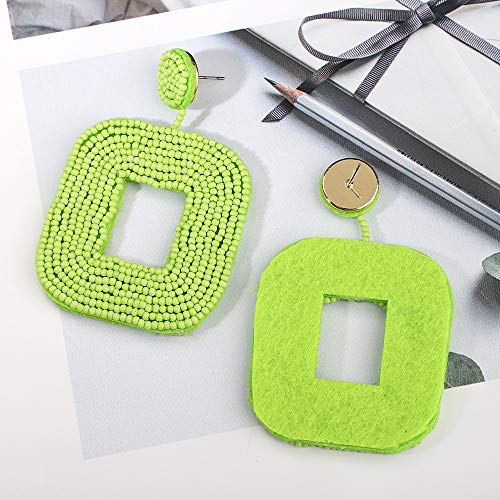 Women's Beaded Tassel Earrings Long Fringe Drop Bohemian Earings Dangle 7 Colors (Square-Grass green)