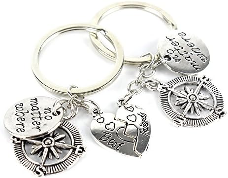 2pcs Stainless Steel Key Chain BBF Best Friends Key Chain Ring Set No Matter Where Compass Split Broken Heart Friendship Pendant Family Friend Unisex Gift Keychain Ring - Best Christmas Gift Idea