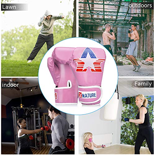 Xnature 4oz 6oz 8oz PU Kids Boxing Gloves w/Gift Box Children Cartoon MMA Kickboxing Sparring Youth Boxing Gloves Training Gloves Age 5-12 Years Pink