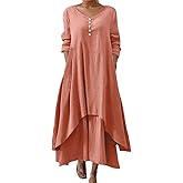 Nupucy Women's Cotton Linen Double Layer Irregular Dresses Loose Crewneck Long Sleeve Flowy Plus Size Maxi Dress with Pockets
