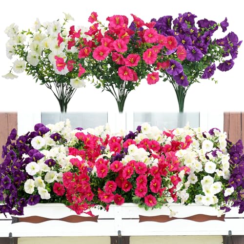 Huiguli 9 Bouquets Outdoor Fake Flowers, Artificial Flowers Plastic UV Resistant Fake Plants Outdoor for Balcony, Patio, Porch, Hanging Garden Indoor Decoration (3 Colors)