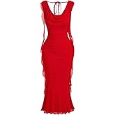 GORGLITTER Women's Mesh Bodycon Fishtail Dress Ruched Sleeveless Ruffle Cowl Neck Summer Graduation Midi Sun Dresses