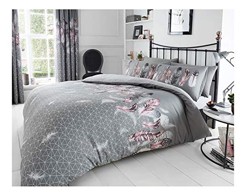 Lions Feathers Bedding Set - Double Bed Duvet Cover Grey with Matching Pillowcase, Ultra Soft Easy Care Reversible Quilt Covers, 200x200cm
