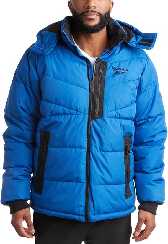 Photo 1 of Reebok Mens Winter Jacket - Thick Heavyweight Ski Winter Coat - Warm Insulated Quilted Hooded Puffer Coat for Men, Size Large, Batik Blue