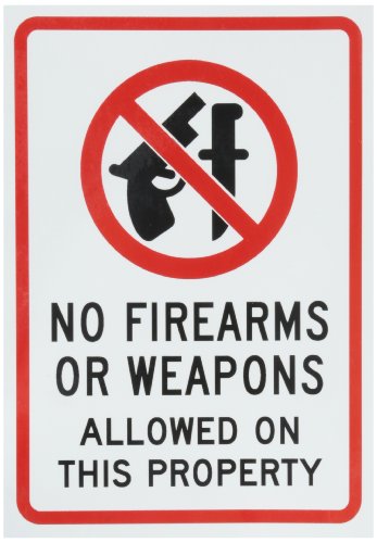 SmartSign Adhesive Vinyl Label, Legend "No Firearms or Weapons Allowed on this Property" with Graphic, 7" high x 5" wide, Black/Red on White