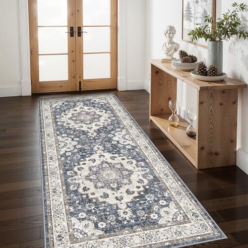 Washable Blue Hallway Runner Rug 3x7