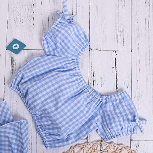 Toddler Baby Girls Outfits Blue Plaidl Off Shoulder Tube Sleeve Crop Tops +Ruffled Shorts Skirt Set Toddler Summer Clothes (Blue Plaid, 3-4 Years) - Thumbnail 4