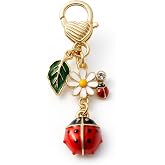 DONWOIE Ladybug Keychain, Daisy Keychains Bag Charms for Women | Cute Key Chains with Golden Heart, Daisy, Green Leaf and Crystal Accents Gifts for Nature Lovers