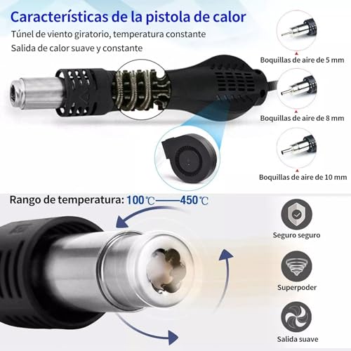 Jadeshay Estación de Soldadura 8586, Estación de Soldadura 2 en 1, 700 W, Pantalla Digital 110 V, Pistola de Aire Caliente, Herramientas con 3 Boquillas para Soldar, Desoldar y Reparar, ESD Seguro