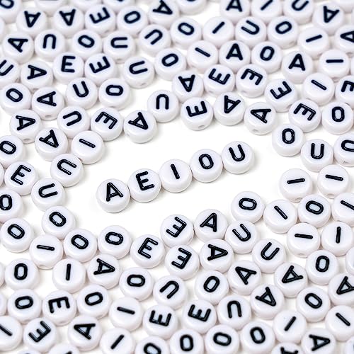 Melius 500 Pcs Acrylic Vowel Letter Beads, A/E/I/O/U 100 Each for Bracelets Jewelry Making DIY Crafts (4x7 Round, White)