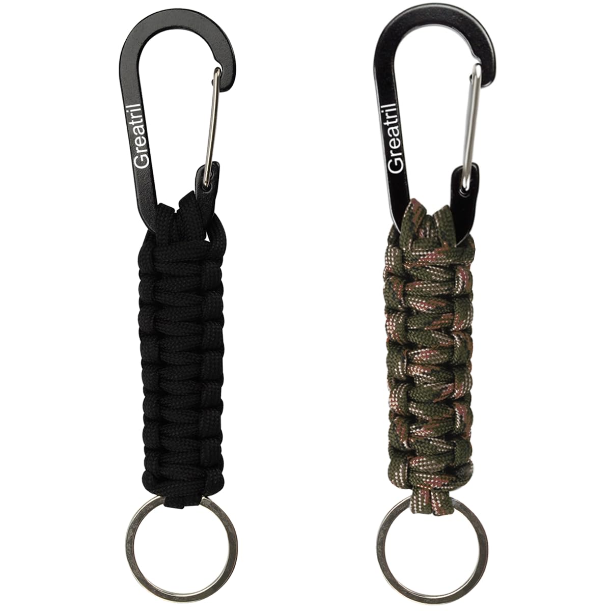 Keychain Keyring with Carabiner - GREATRIL Paracord Key Chain Hanger Carabiners Clips for Outdoor Boys/Girls/Men/Women (Black+Camo)