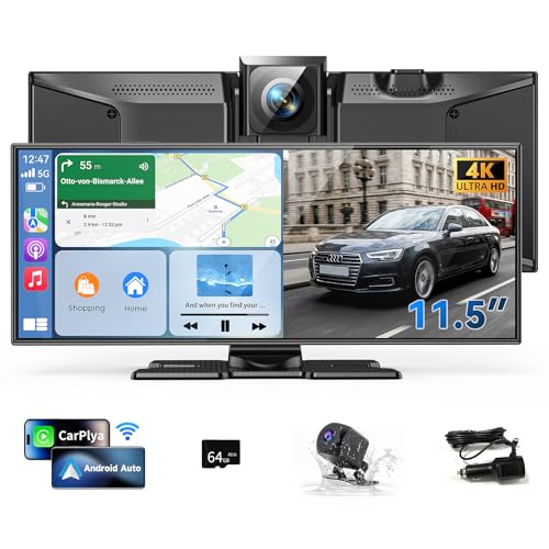 11.5" Wireless CarPlay Screen for Car–Portable A-pple Carplay & Android Auto Touchscreen Car Stereo with App Control, 4K Dash Cam, Backup Camera, GPS, Mirror Link, Voice Control,for All Vehicles