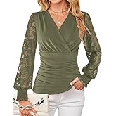 GRACE KARIN Womens Tops Dressy Casual, Elegant Lace Sleeve Shirts Wrap Ruched Blouses, 2026 Spring Fashion Outfits