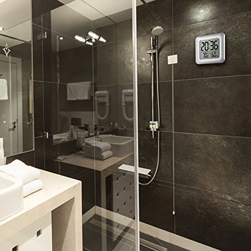 BALDR Digital Bathroom Shower Clock, Waterproof for Water Spray, Large Display, Temperature, Humidity and Moisture, Thermometer & Hygrometer, Suction Cups, Wall Clock - Silver