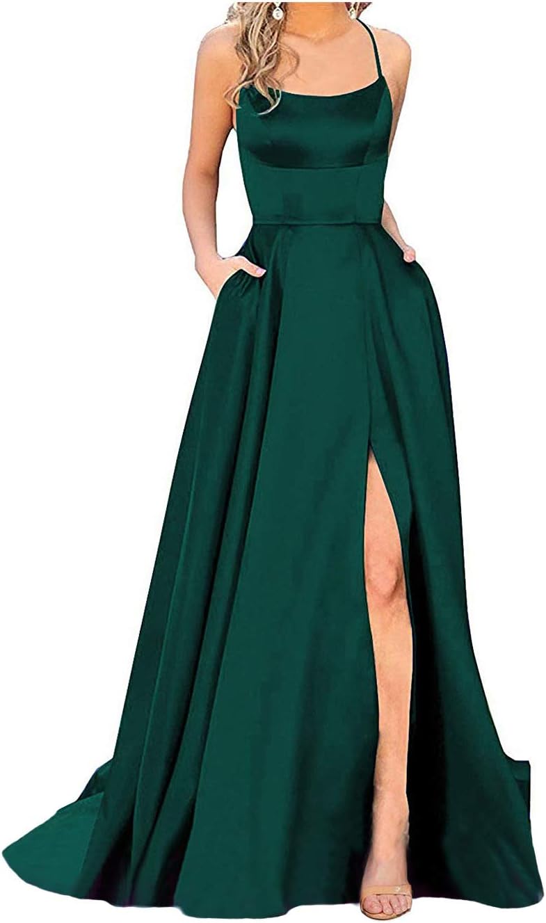 MYDRESS Beaded Belt Prom Dresses Slit Satin Bridesmaid Dresses for
