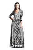 On Trend Paris Faux Wrap Navy and Bronze 3/4 Sleeve Long Maxi Dress with Belt