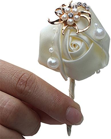 KUPARK 4pcs Ribbon Rose Wedding Flower Boutonniere Gold Crystal Groom Groomsman Best Man Pearl Beaded Brooch Pins