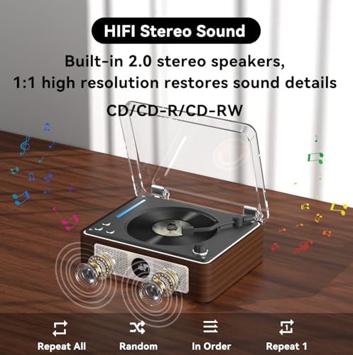 CD Player Portable, Retro CD Bluetooth Player with Dual HiFi Speakers, 2600mAh Rechargeable CD Player for Home with Remote Control,Support USB/AUX,Headphone Jack,Optical Brown