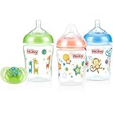 Nuby 3-Pack Natural Touch 9-oz Printed Baby Bottles with Comfort Orthodontic Pacifier, Boy, BPA-Free (9 Oz., Neutral)