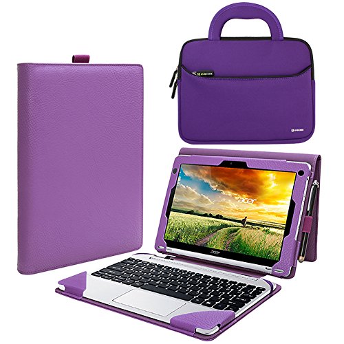 Evecase Acer Aspire Switch 10 SW5-012 / SW5-011 Case, 2-in-1 Leather Keyboard Portfolio Stand Case Cover - Purple + Neoprene Handle Sleeve