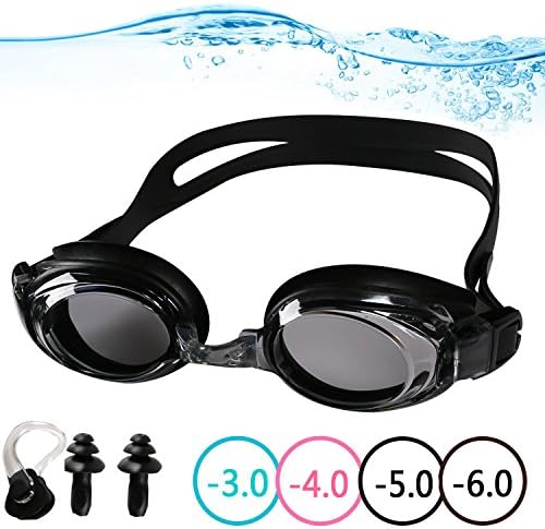 YINGNEW Optical Swimming Goggles Prescription Mirror Lens for Kids Youth Adults ,Soft and Comfortable Swim Goggles with Protective Case Nose Clip Ear Plugs and Interchangeable Nose Bridge - Black