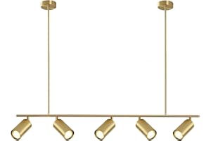 BOKT Brass Gold 5-Light Track Lighting Pendant Mid Century Modern LED Hanging Track Lighting Kit Vanity Linear Track Lighting Kitchen Island Adjustable Spot Light Ceiling