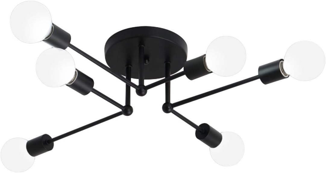 Unitary Brand Art Deco Black Metal Sputnik Design Semi Flush Mount Ceiling Light with 6 E26 Bulb Sockets 360W Painted Finish