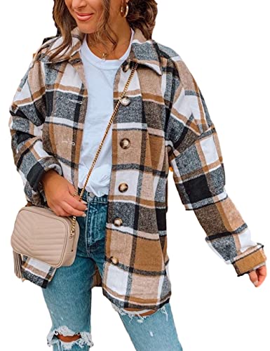 AUTOMET Womens Casual Plaid Shacket Wool Blend