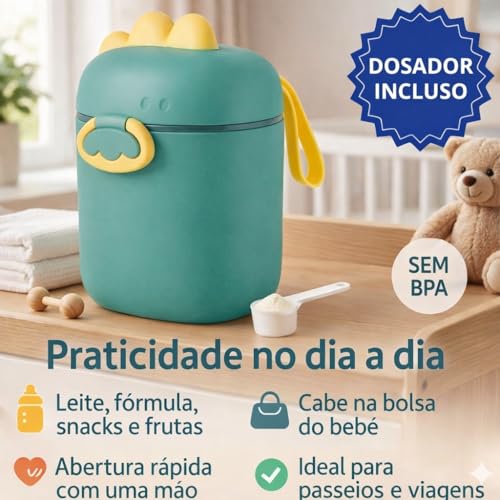 Porta Leite em Pó com Dosador e Nivelador 800ml – Pote Infantil Multifuncional para Papinha, Snacks e Cereais Ideal para Passeio e Viagem (Verde, Grande)