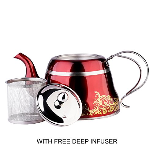 Red Tea Pot with Infuser Loose Tea for Stovetop Stainless Steel Coffee Kettle 8 Cup Quick Boil Sturdy Teapot Hot Water Mirror Finish 2 Liter/2.1 Quart 68 Ounce by Onlycooker - Thumbnail 4